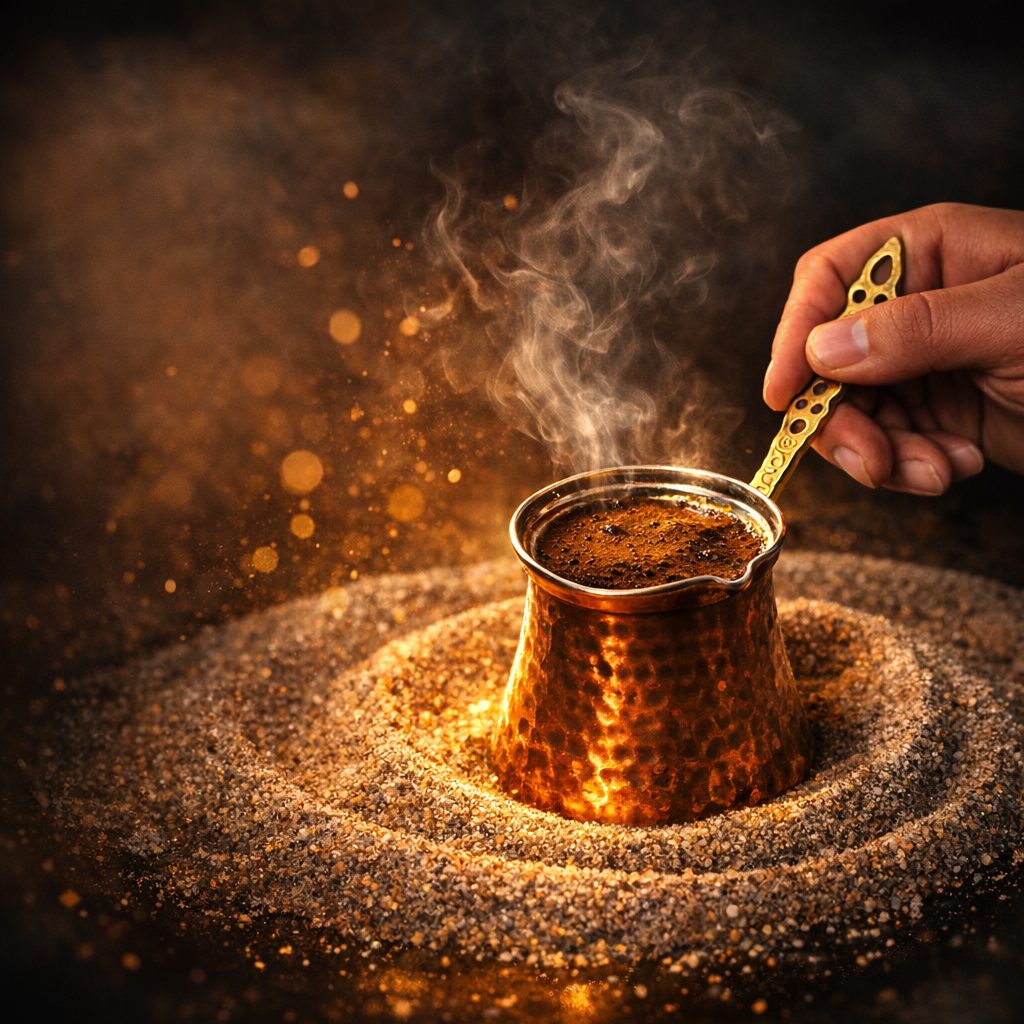 Turkish coffee setup with cezve, sand, and hand visible